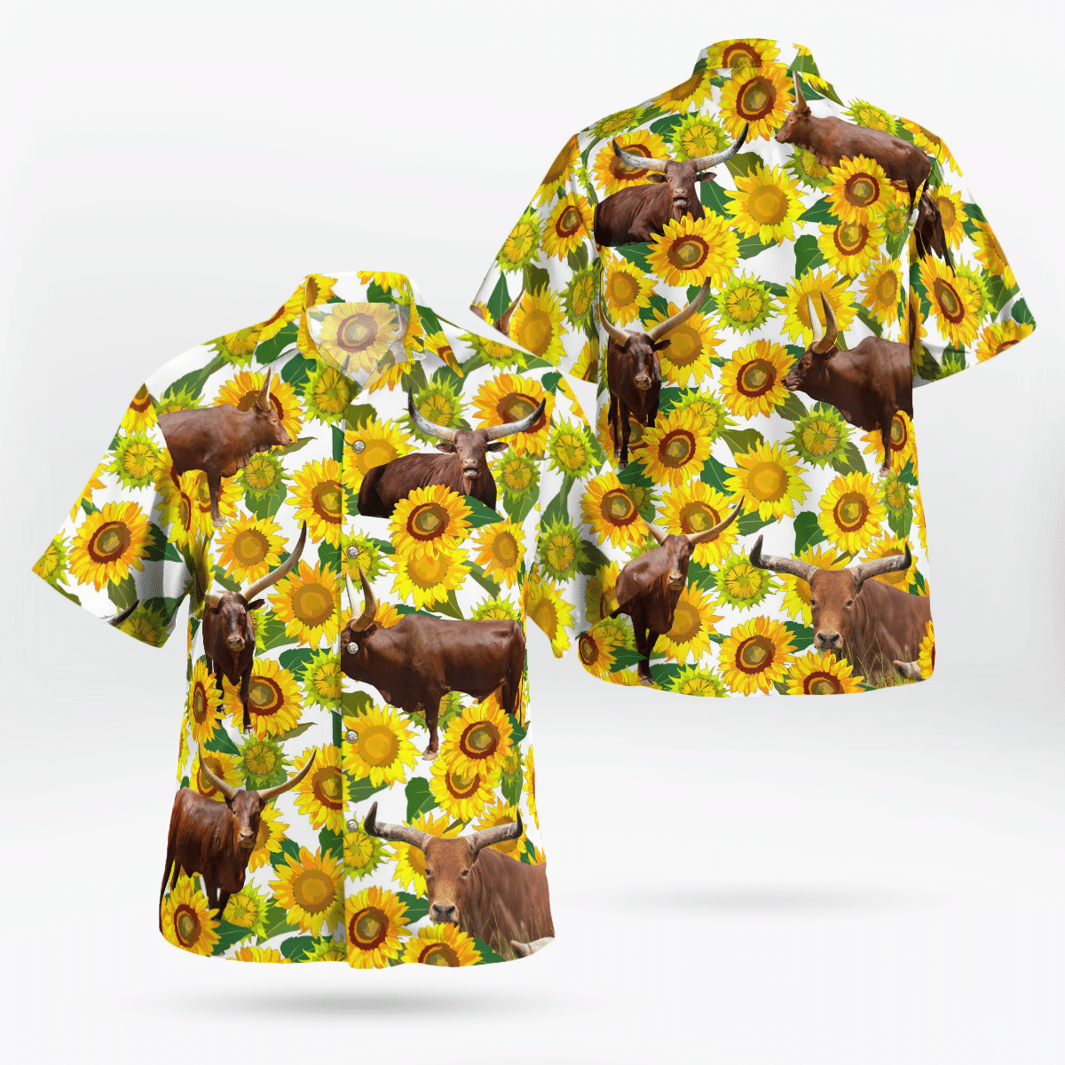 Watusi Cattle Lovers Sunflower All Over Print 3D Aloha Summer Beach Hawaiian Shirt