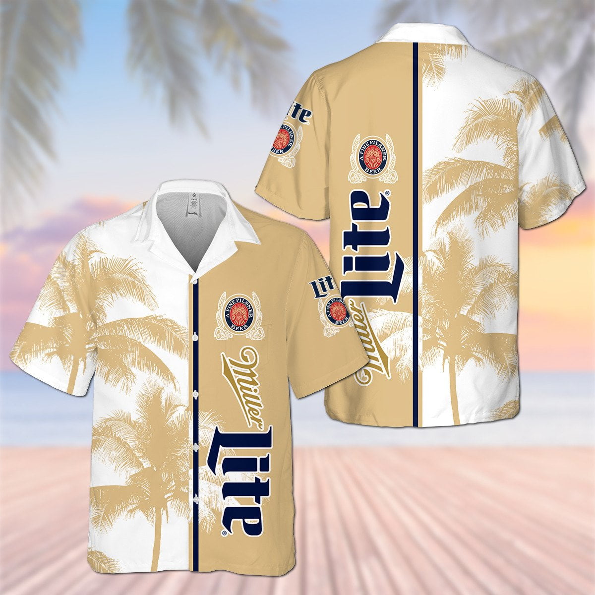 Miller Lite Palm Tree Pattern All Over Print 3D Aloha Summer Beach Hawaiian Shirt