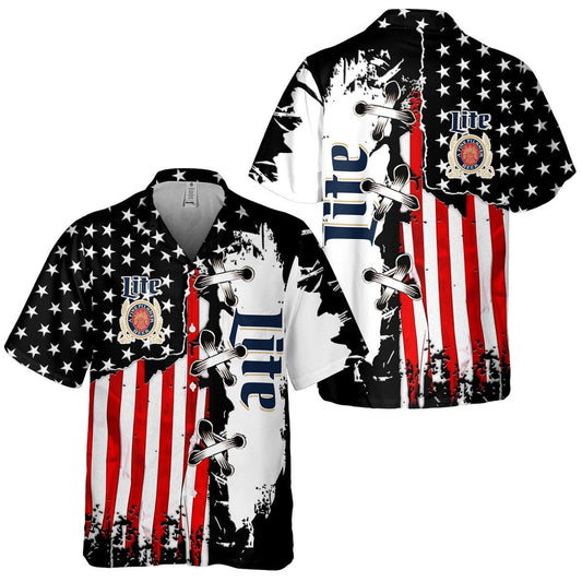 Miller Lite Usa Flag Cross Stitch All Over Print 3D Flower Aloha Summer Beach Hawaiian Shirt