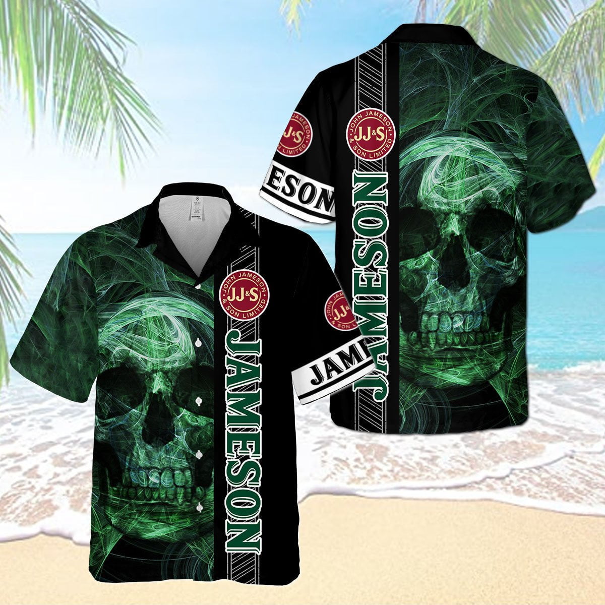 Jameson Irish Whiskey Smoky Green Skull All Over Print 3D Aloha Summer Beach Hawaiian Shirt