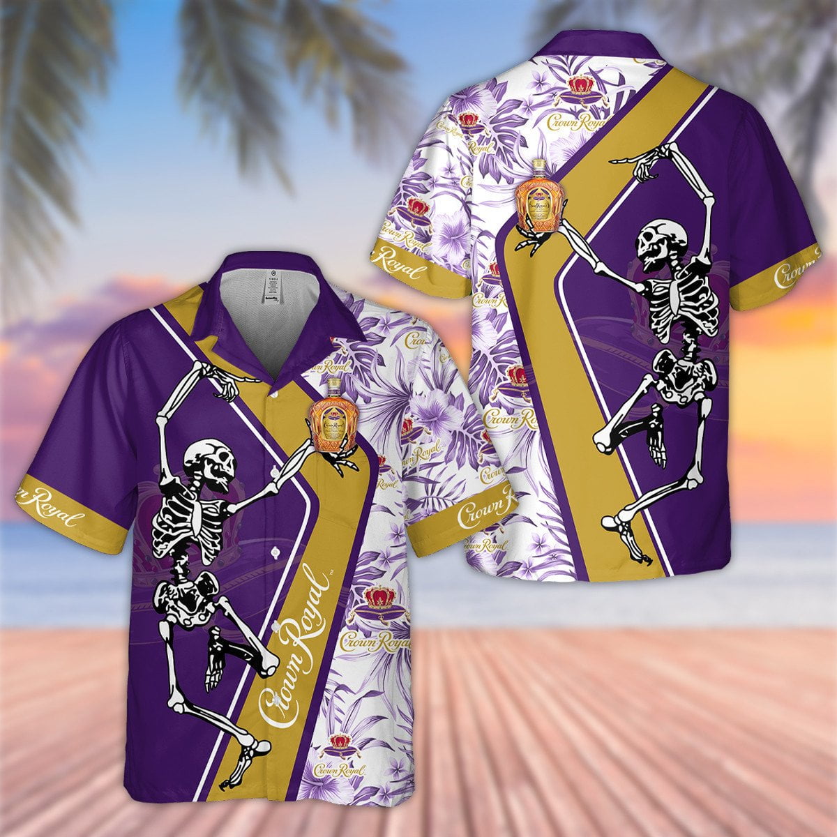 Crown Royal Happy Skeleton All Over Print 3D Flowery Aloha Summer Beach Hawaiian Shirt