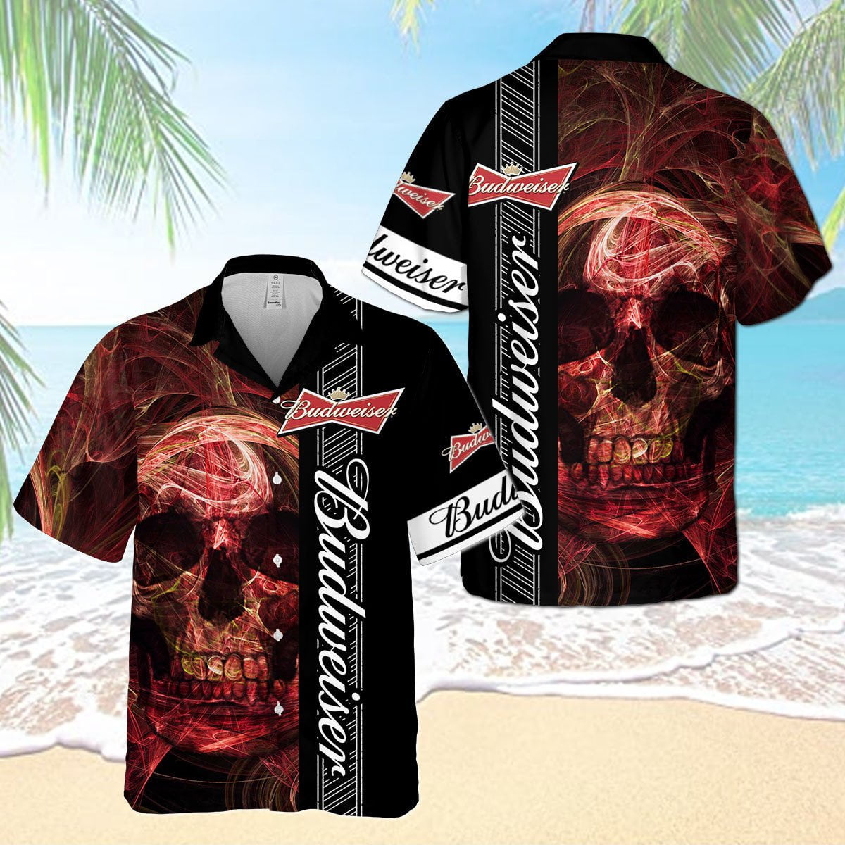 Budweiser Beer Smoky Red Skull All Over Print 3D Aloha Summer Beach Hawaiian Shirt