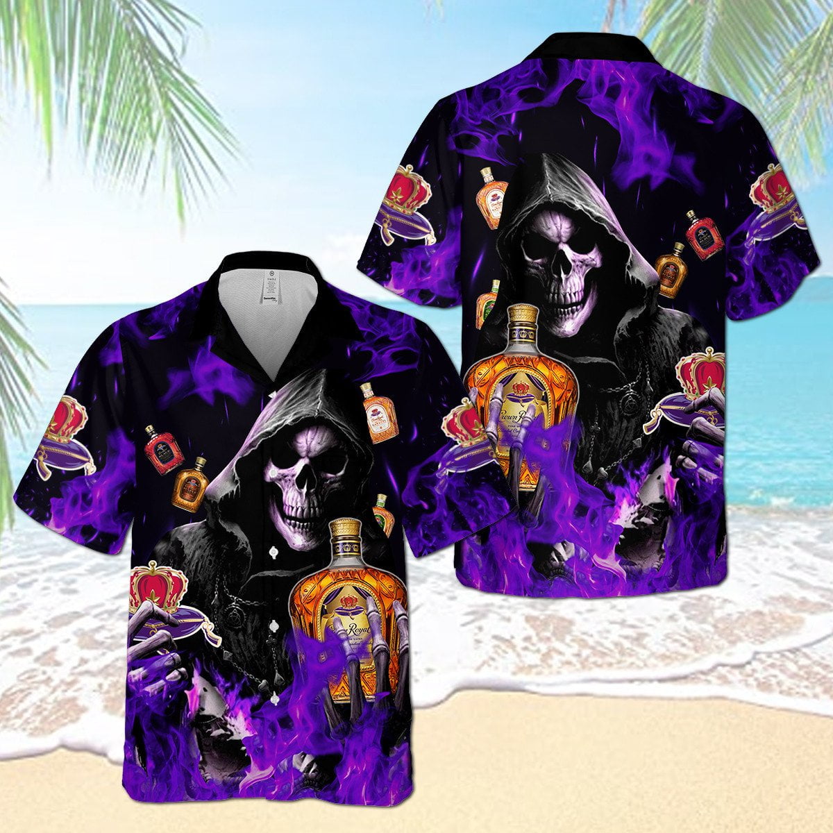 Crown Royal Flame Smiling Death All Over Print 3D Aloha Summer Beach Hawaiian Shirt