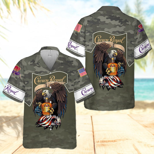 Crown Royal Eagle USA Flag All Over Print 3D Camo Aloha Summer Beach Hawaiian Shirt