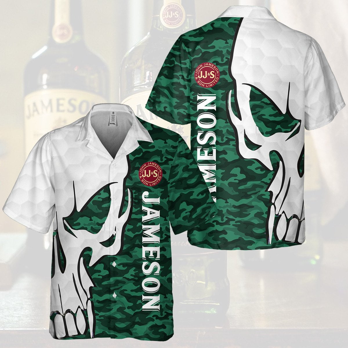 Jameson Irish Whiskey Skull Pattern All Over Print 3D Camo Aloha Summer Beach Hawaiian Shirt