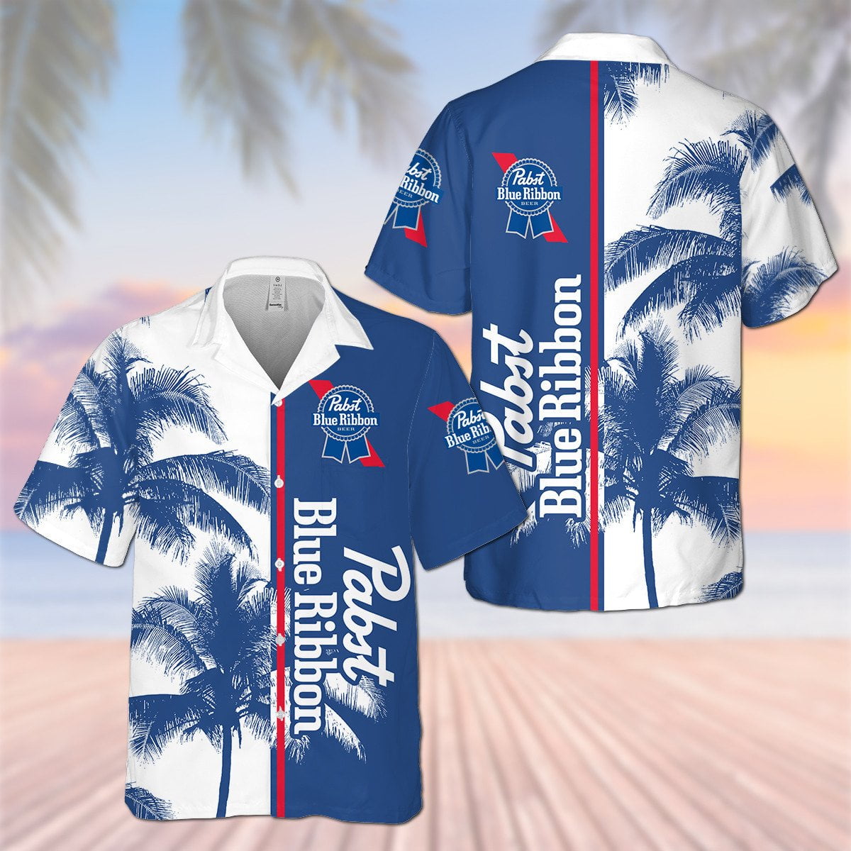 Pabst Blue Ribbon Palm Tree All Over Print 3D Aloha Summer Beach Hawaiian Shirt