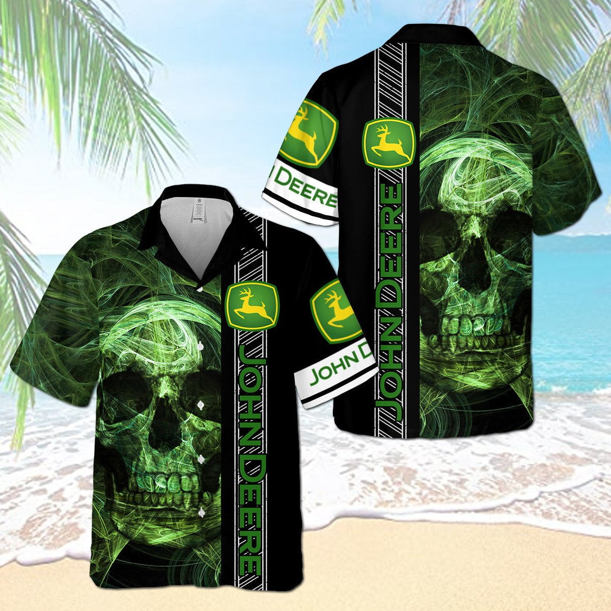 John Deere Smoky Green Skull All Over Print 3D Aloha Summer Beach Hawaiian Shirt