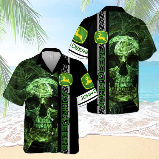 John Deere Smoky Green Skull All Over Print 3D Aloha Summer Beach Hawaiian Shirt