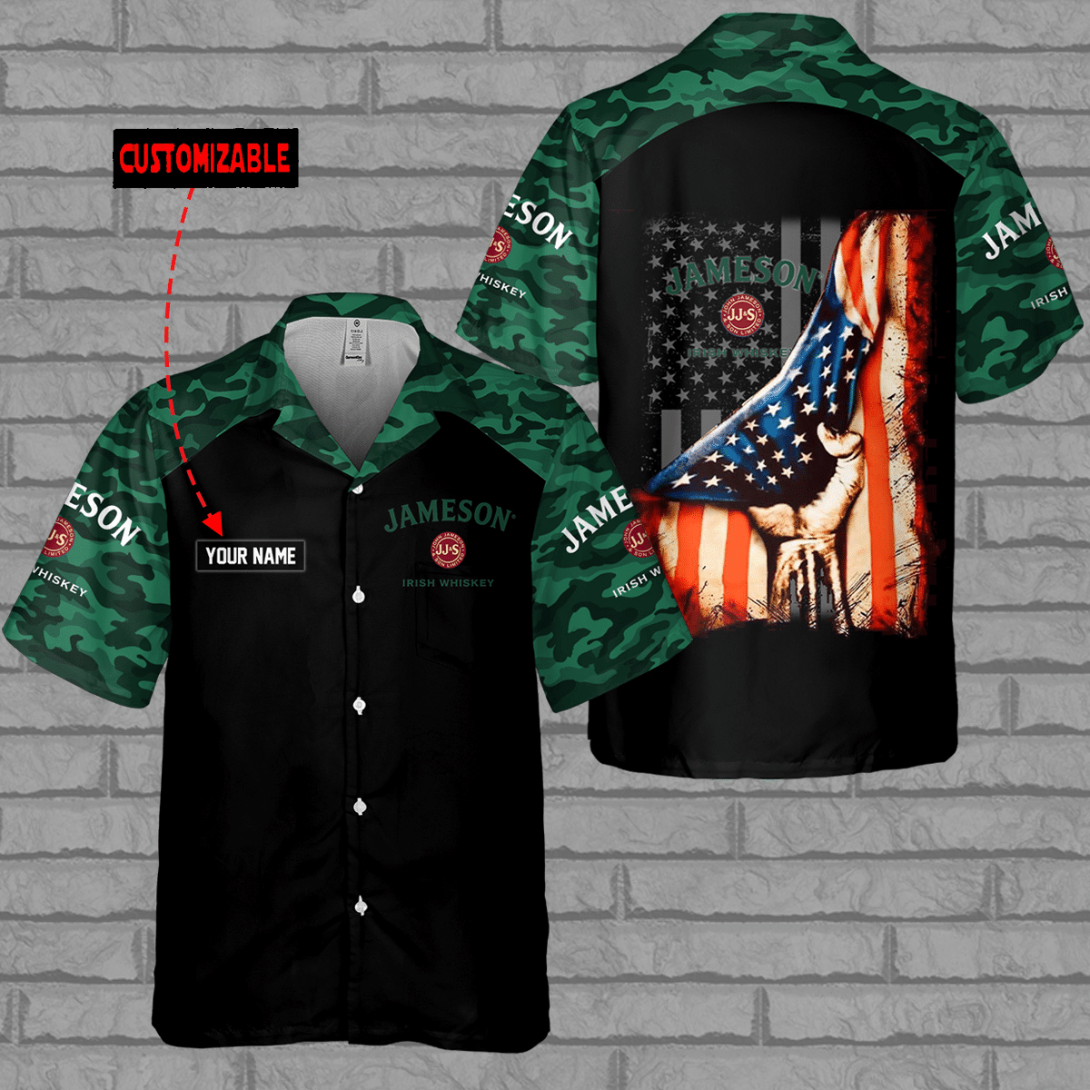 Personalized Jameson Irish Whiskey USA Flag All Over Print 3D Camo Aloha Summer Beach Hawaiian Shirt