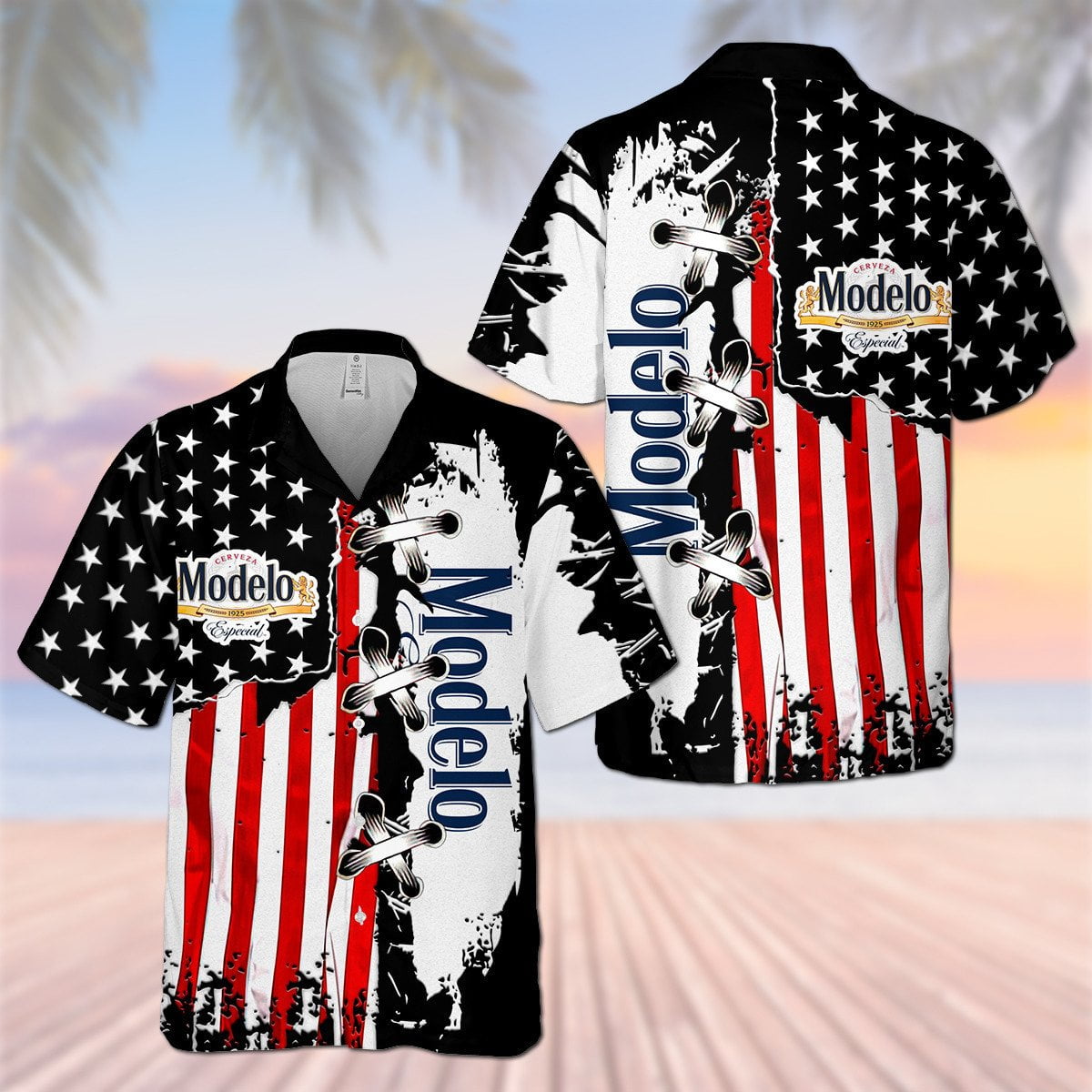 Modelo USA Flag Cross Stitch All Over Print 3D Aloha Summer Beach Hawaiian Shirt