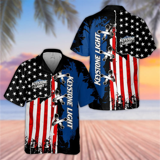 Keystone Light USA Flag Cross Stitch All Over Print 3D Aloha Summer Beach Hawaiian Shirt