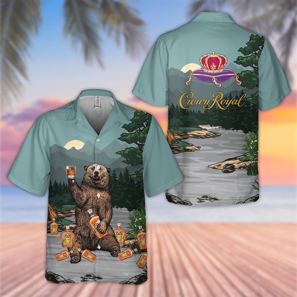 Bear Drinks Crown Royal All Over Print 3D Forest Aloha Summer Beach Hawaiian Shirt