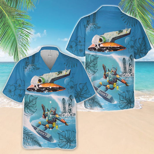 S Boba Fett Surfing All Over Print 3D Aloha Summer Beach Hawaiian Shirt