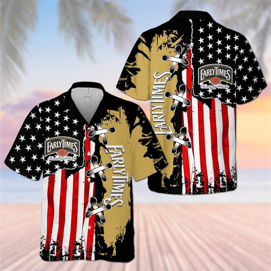 Early Times USA Flag Cross Stitch All Over Print 3D Aloha Summer Beach Hawaiian Shirt