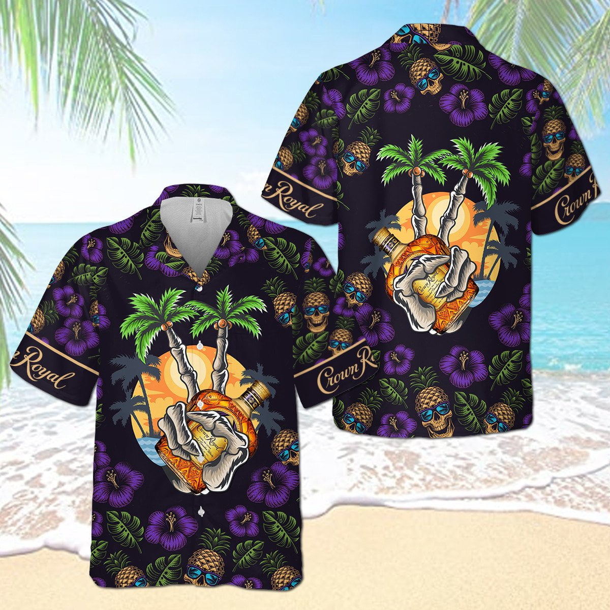 Crown Royal Skeleton All Over Print 3D Flowery Aloha Summer Beach Hawaiian Shirt