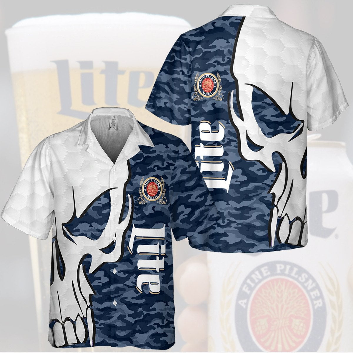 Miller Lite Skull Pattern All Over Print 3D Camo Aloha Summer Beach Hawaiian Shirt