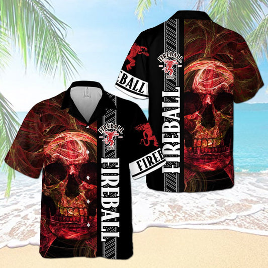 Fireball Cinnamon Whisky Smoky Red Skull All Over Print 3D Aloha Summer Beach Hawaiian Shirt