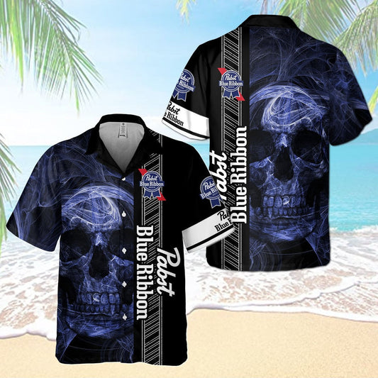 Pabst Blue Ribbon Smoky Blue Skull All Over Print 3D Aloha Summer Beach Hawaiian Shirt