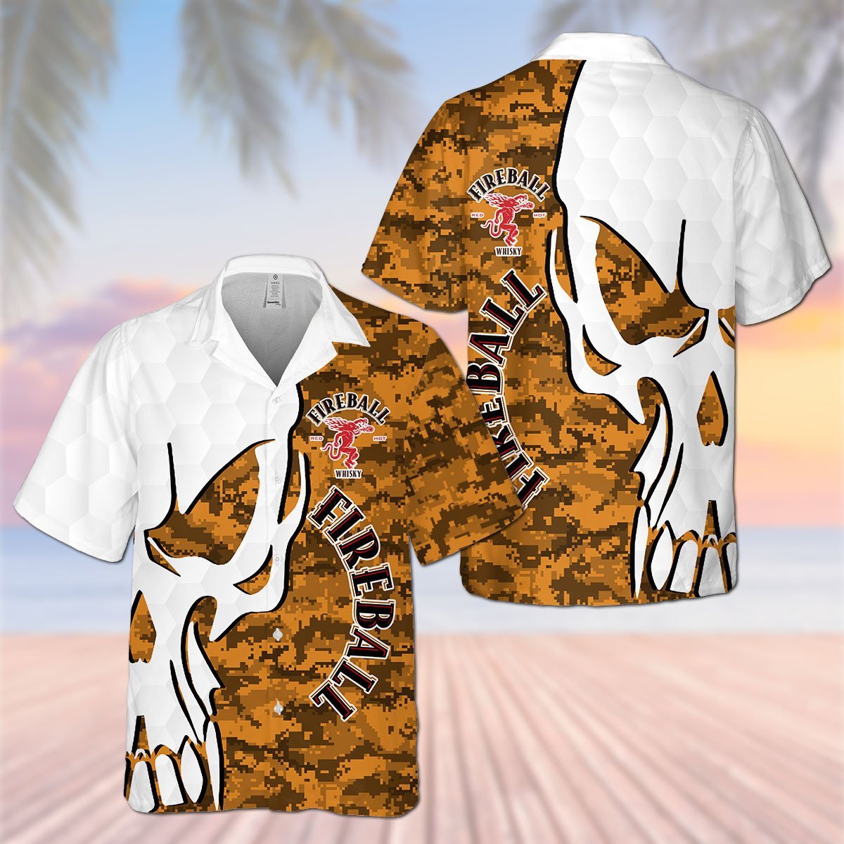 Fireball Cinnamon Whisky Skull Pattern All Over Print 3D Camo Aloha Summer Beach Hawaiian Shirt