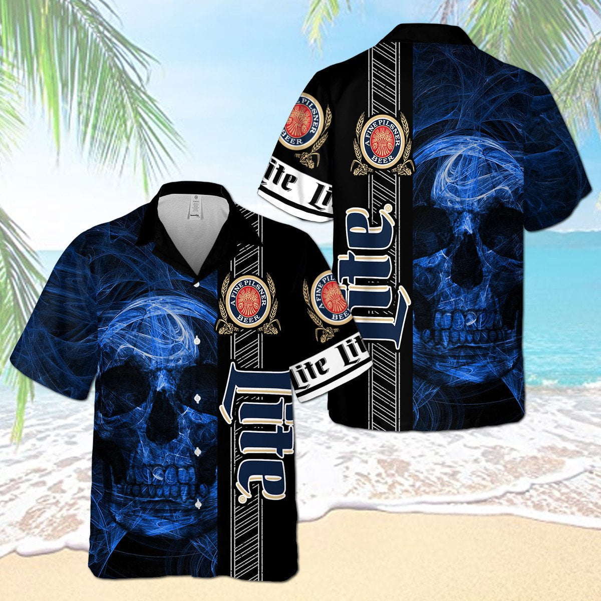 Miller Lite Smoky Blue Skull All Over Print 3D Aloha Summer Beach Hawaiian Shirt