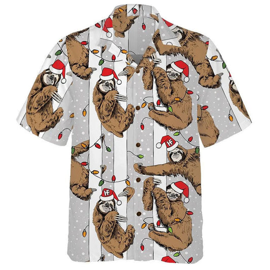 Funny Sloth In Santa Hat Grey Christmas Hawaiian Shirt