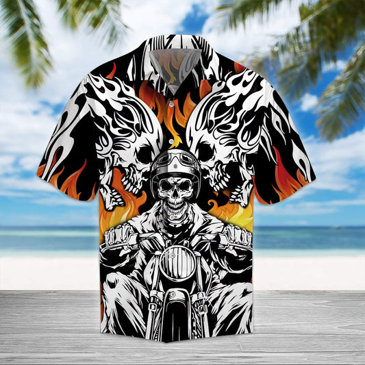 Skull Biker Motorcycles Racing On Fire Hawaiian Aloha Shirts #KV