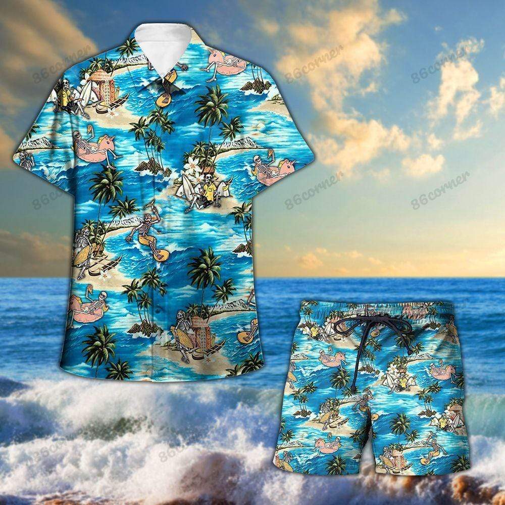 Skull Surfing Summer Aloha Hawaiian Shirts Swim Trunks Beach Shorts #Dh