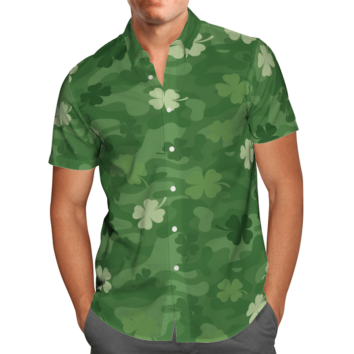 Amazing Shamrock Camo Pattern Saint Patrick Green Hawaiian Aloha Shirts 