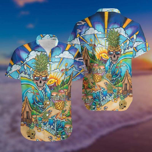 Pineapple Skull on the Beach Hawaiian Aloha Shirts #V