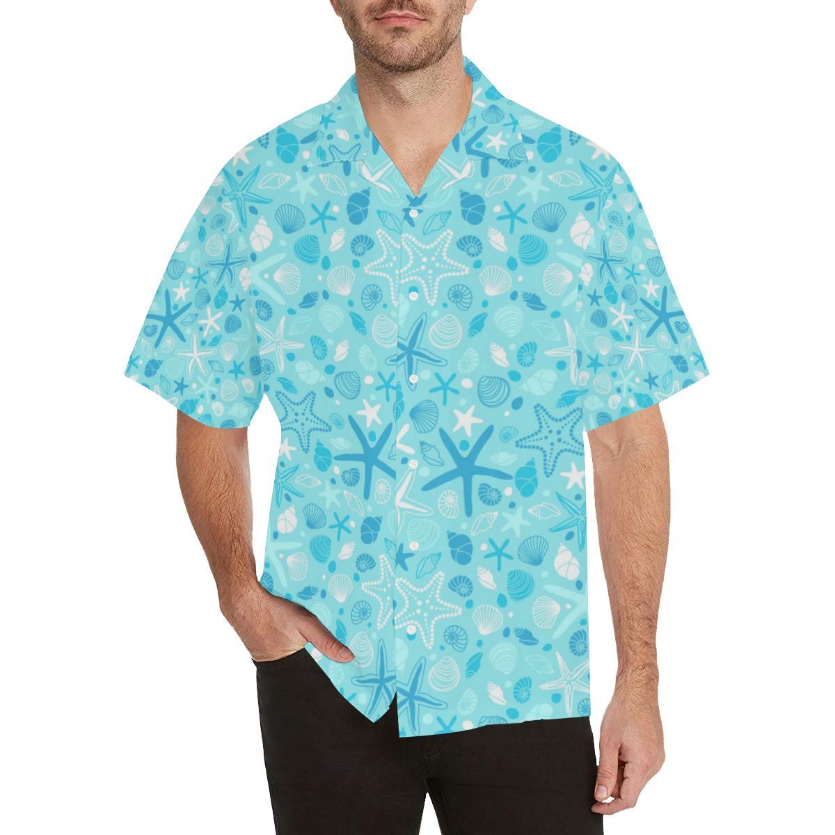 Starfish Shell Blue Theme Pattern Mens All Over Print Hawaiian Shirt