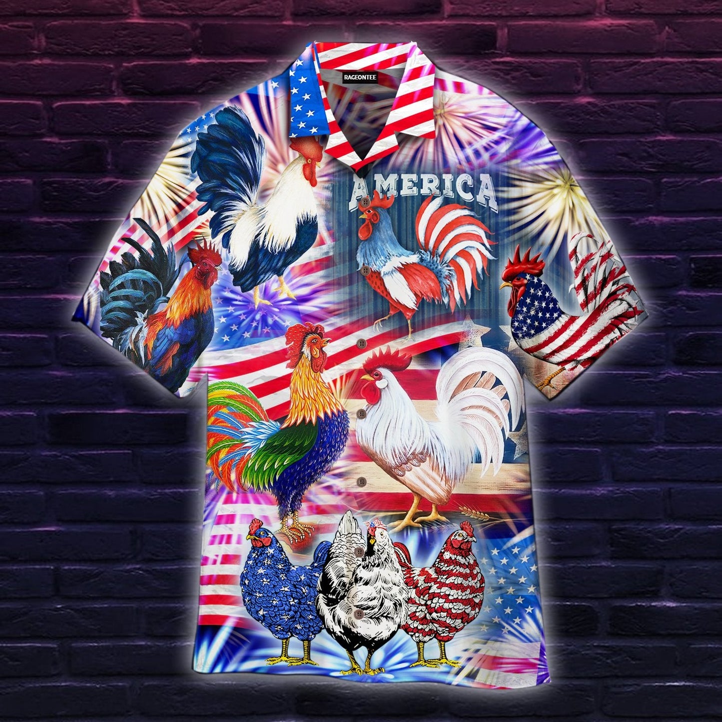 America Rooster Chicken With Fireworks Hawaiian Shirt | For Men &amp;amp; Women | Adult | Wt1216