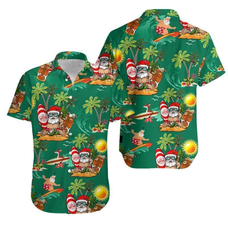 Santa on Beach Green Hawaiian Aloha Shirts #N