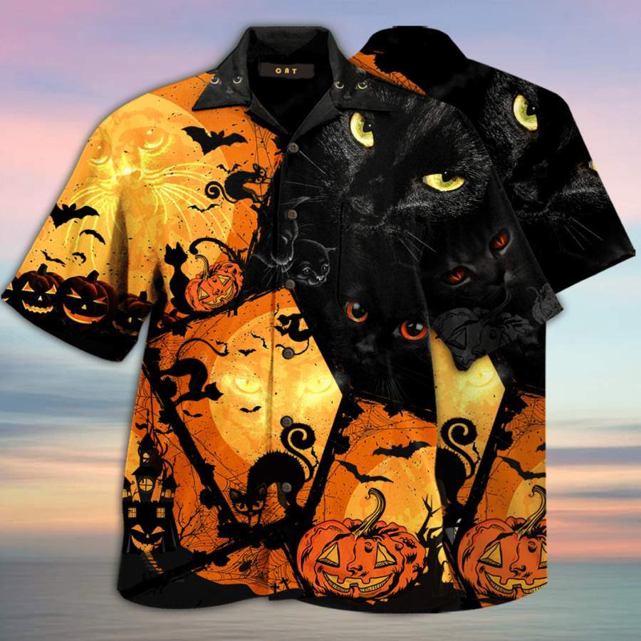 Black Cat Halloween Hawaiian Aloha Shirt 