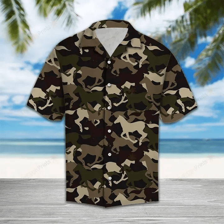 Military Camo Horse Racing Unisex Hawaiian Shirts, Summer Shirts, Beach Shirts