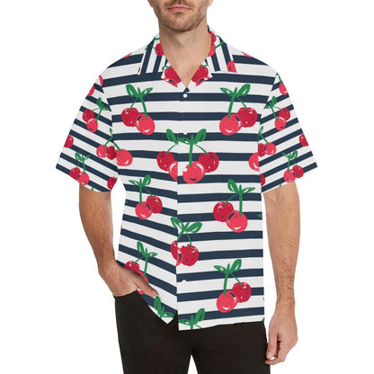Hand Drawn Cherry Pattern Striped Background Mens All Over Print Hawaiian Shirt