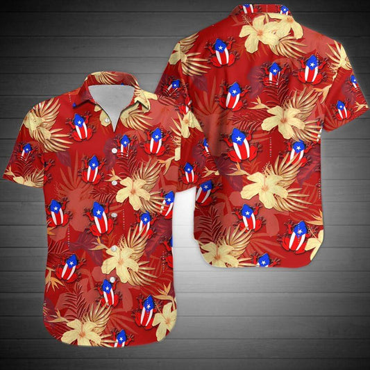 Puerto Rico Coqui Red And Navy Tropical Frog Unisex Hawaiian Shirts