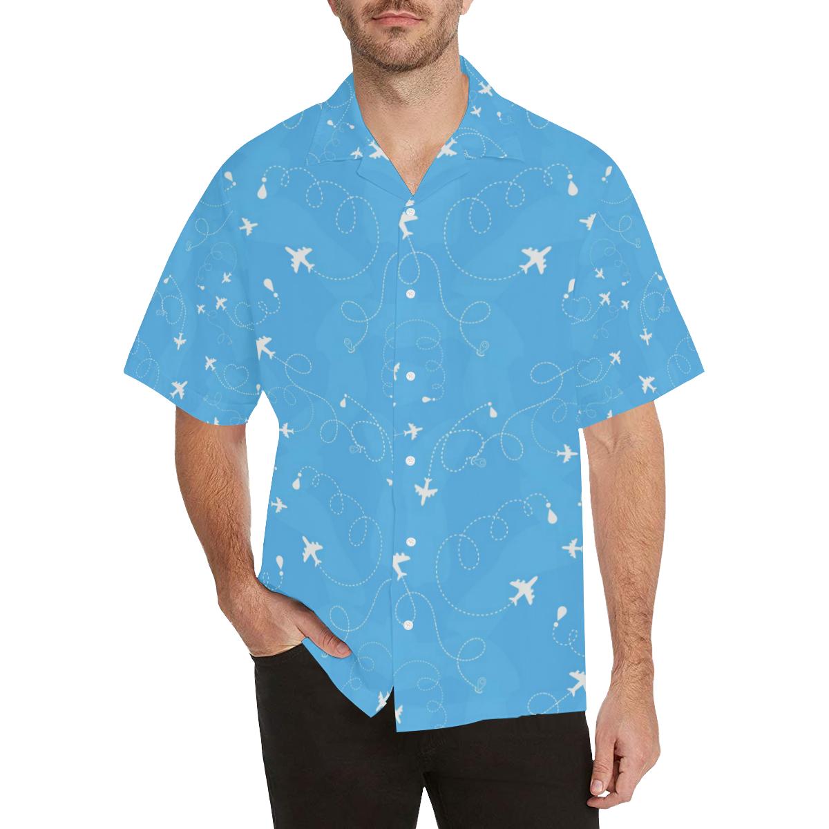 Airplane Pattern Blue Backgroung Mens All Over Print Hawaiian Shirt