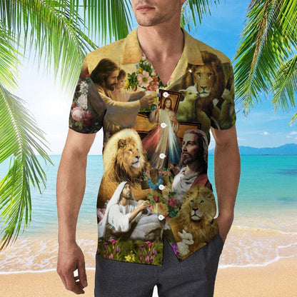OragonTee Jesus Lion Goat Beautiful Flowers Hawaiian Shirt | For Men & Women | Adult | WT1502
