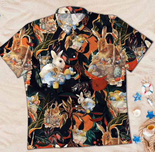 Happy Easter Day Bunny Vintage Hawaiian Short Sleeve Button Up Shirt