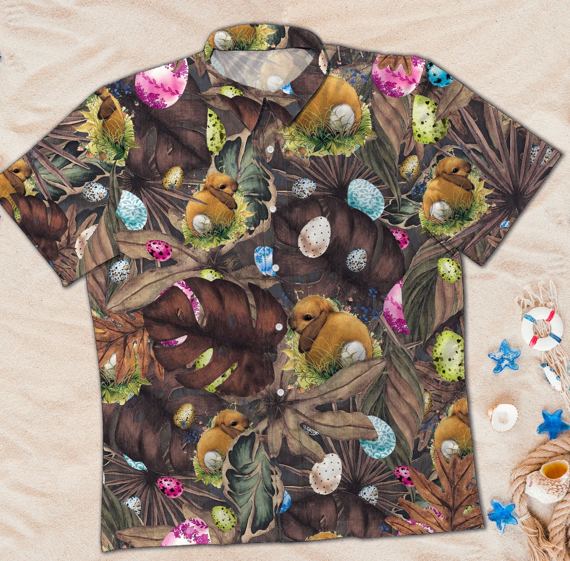 Happy Easter Day Bunny Vintage Hawaiian Short Sleeve Button Up Shirt