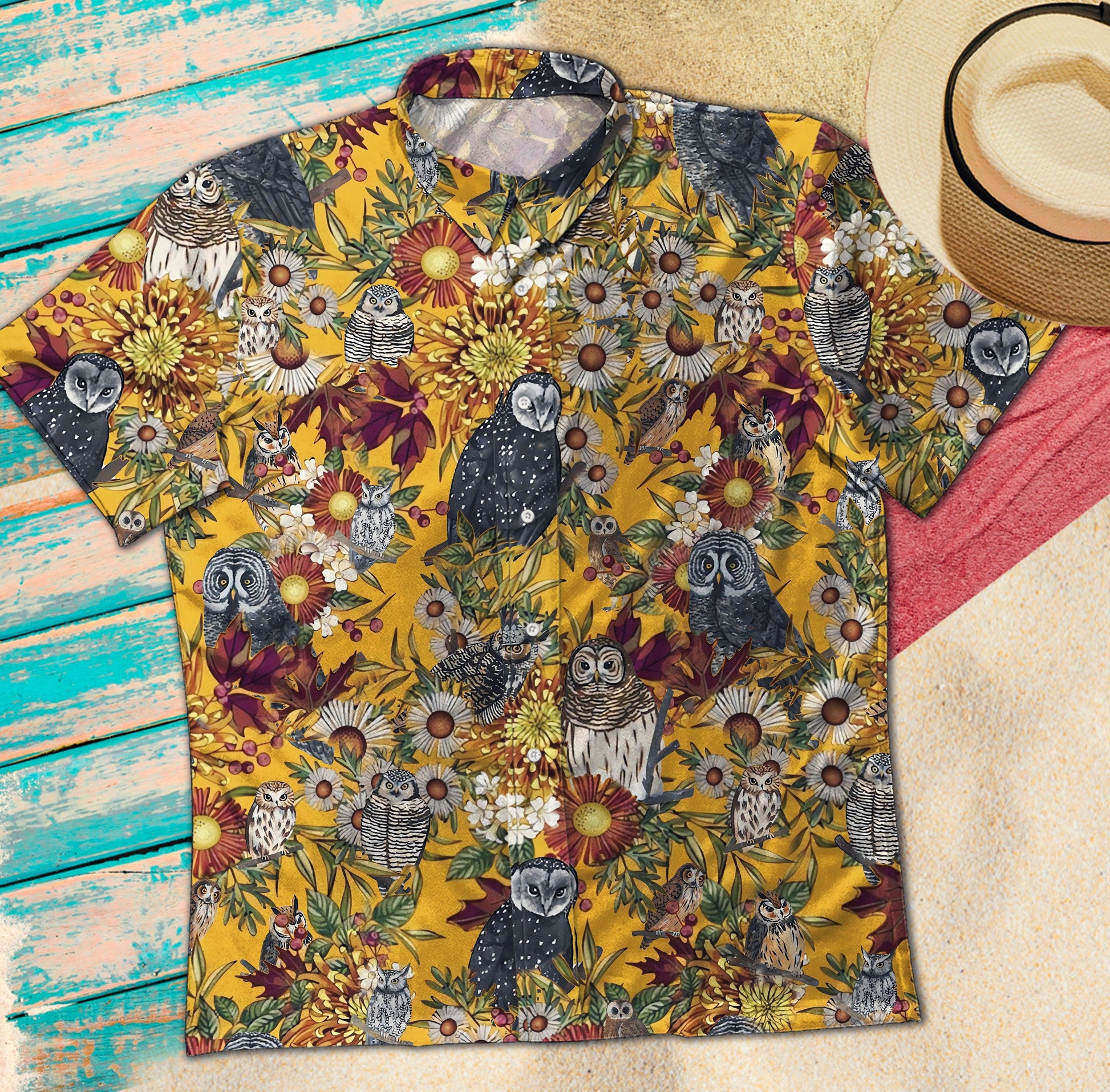 Owl On Branch Vintage Hawaiian Short Sleeve Button Up Shirt