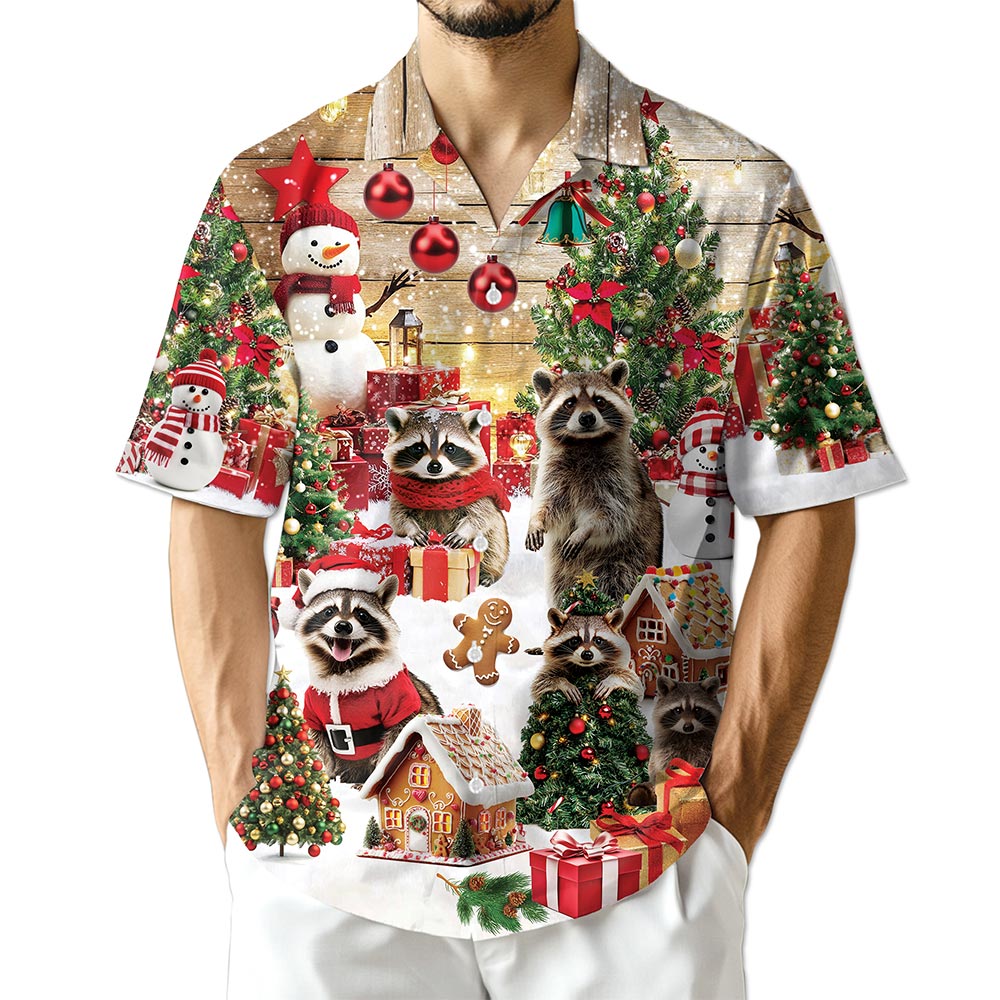 Christmas Raccoon Hawaiian Shirt for Men, Button Down Aloha Shirt - Azhawaiian