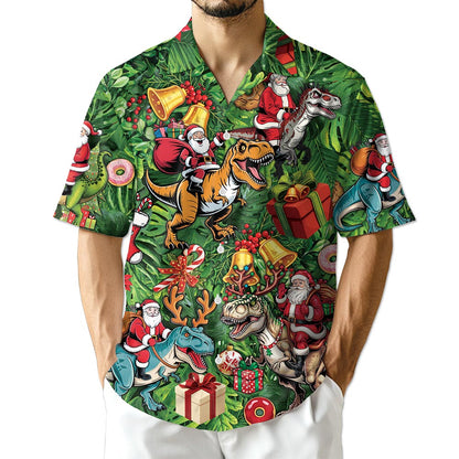 Santa Claus Riding Dinosaur Christmas Hawaiian Shirt for Men, Button Down Aloha Shirt - Azhawaiian