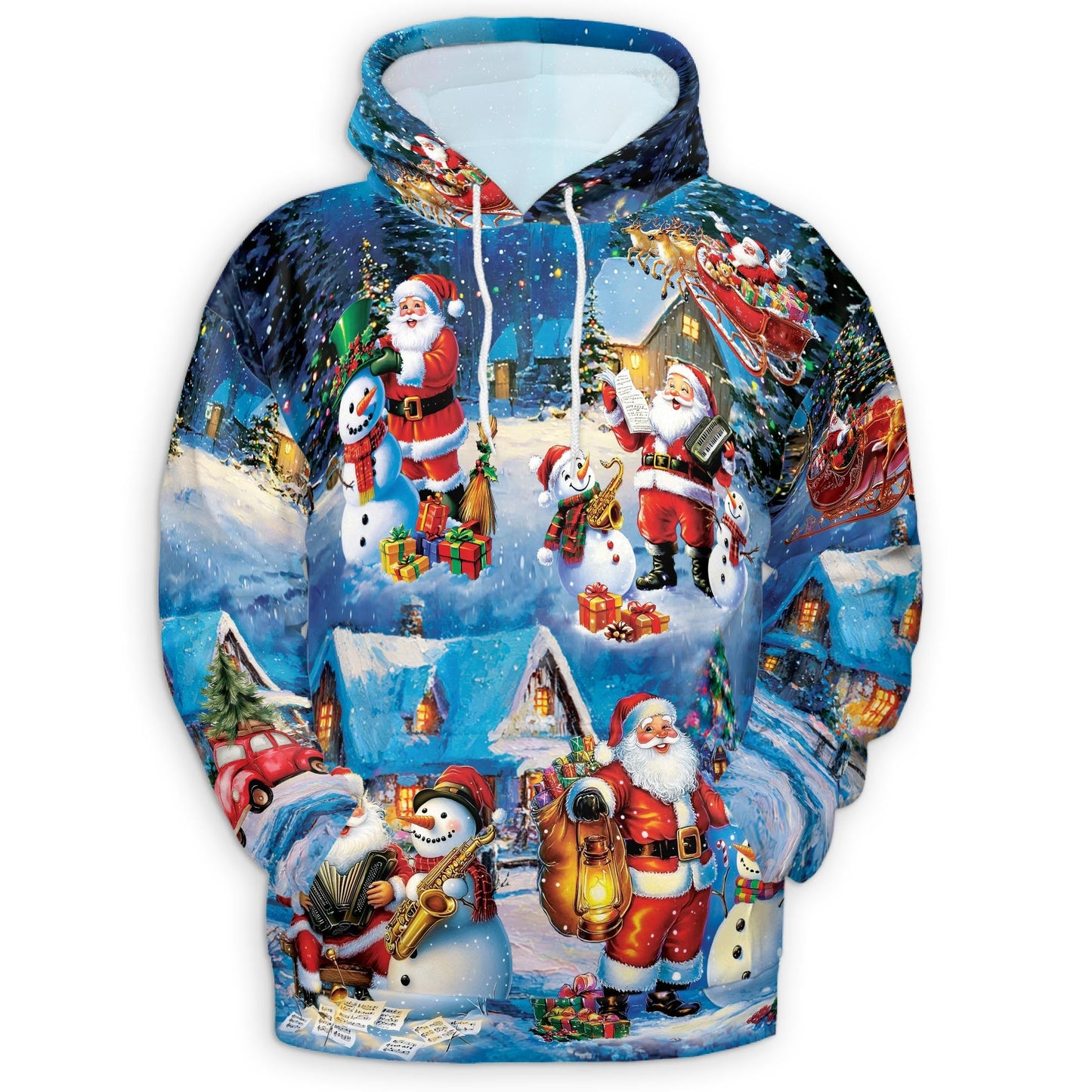 Santa and Snowman All Over Print Hoodie, Musical Christmas Graphic Design