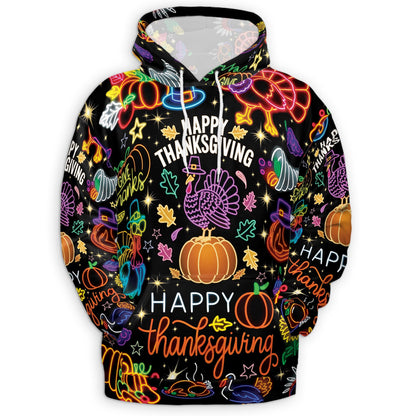 Neon Thanksgiving All Over Print Hoodie, Happy Turkey Day Graphic Design