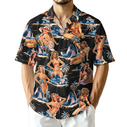 Tropical Pinup Girl Black Hawaiian Shirt for Men, Button Down Aloha Shirt - Azhawaiian