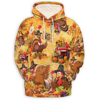 Funny Thanksgiving Turkey All Over Print Hoodie, Eat Beef Graphic Design
