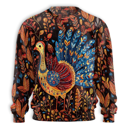 Folk Art Turkey Thanksgiving Sweatshirt – Colorful Graphic 3D All Over Print Design