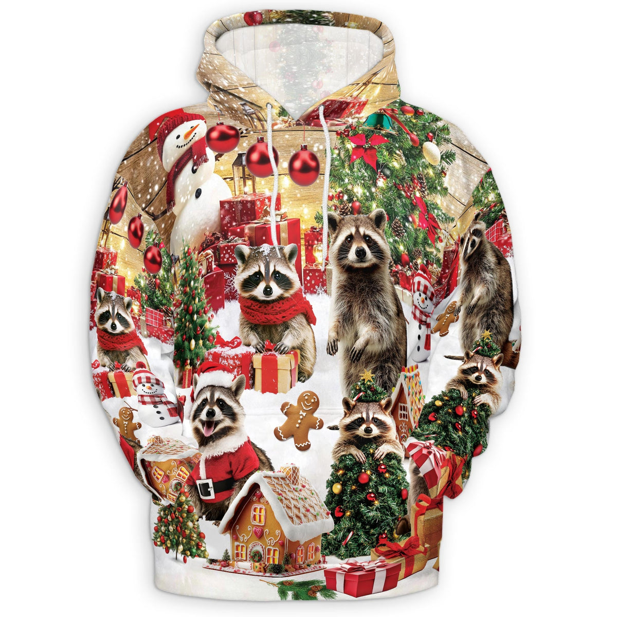 Christmas Raccoon All Over Print Hoodie, Cute Animal Holiday Graphic Design