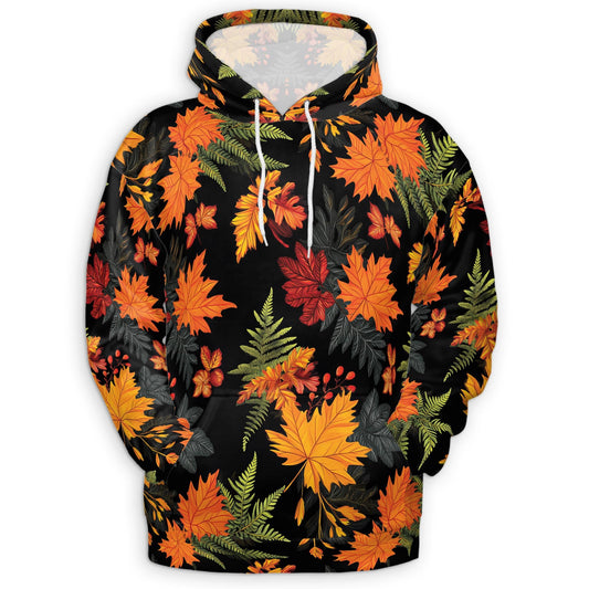 Happy Thanksgiving All Over Print Hoodie, Graphic Design Fall Leaves Pumpkin
